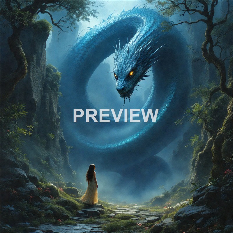 A young woman in a flowing dress stands in a lush, misty forest clearing as a massive, coiled blue dragon with glowing eyes looms above her, creating a fantastical scene.